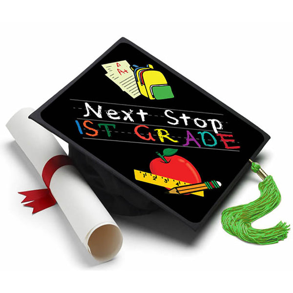 Elementary Graduation Cap - Next Stop First Grade Tassel Topper - Tassel Toppers - Professionally Decorated Grad Caps