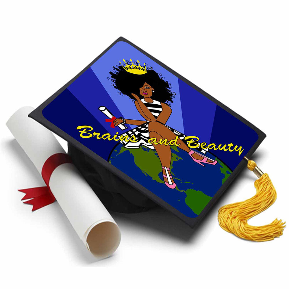 Graduation Cap Topper ™ - Black Queen - Brains and Beauty - Tassel Topper - Tassel Toppers - Professionally Decorated Grad Caps