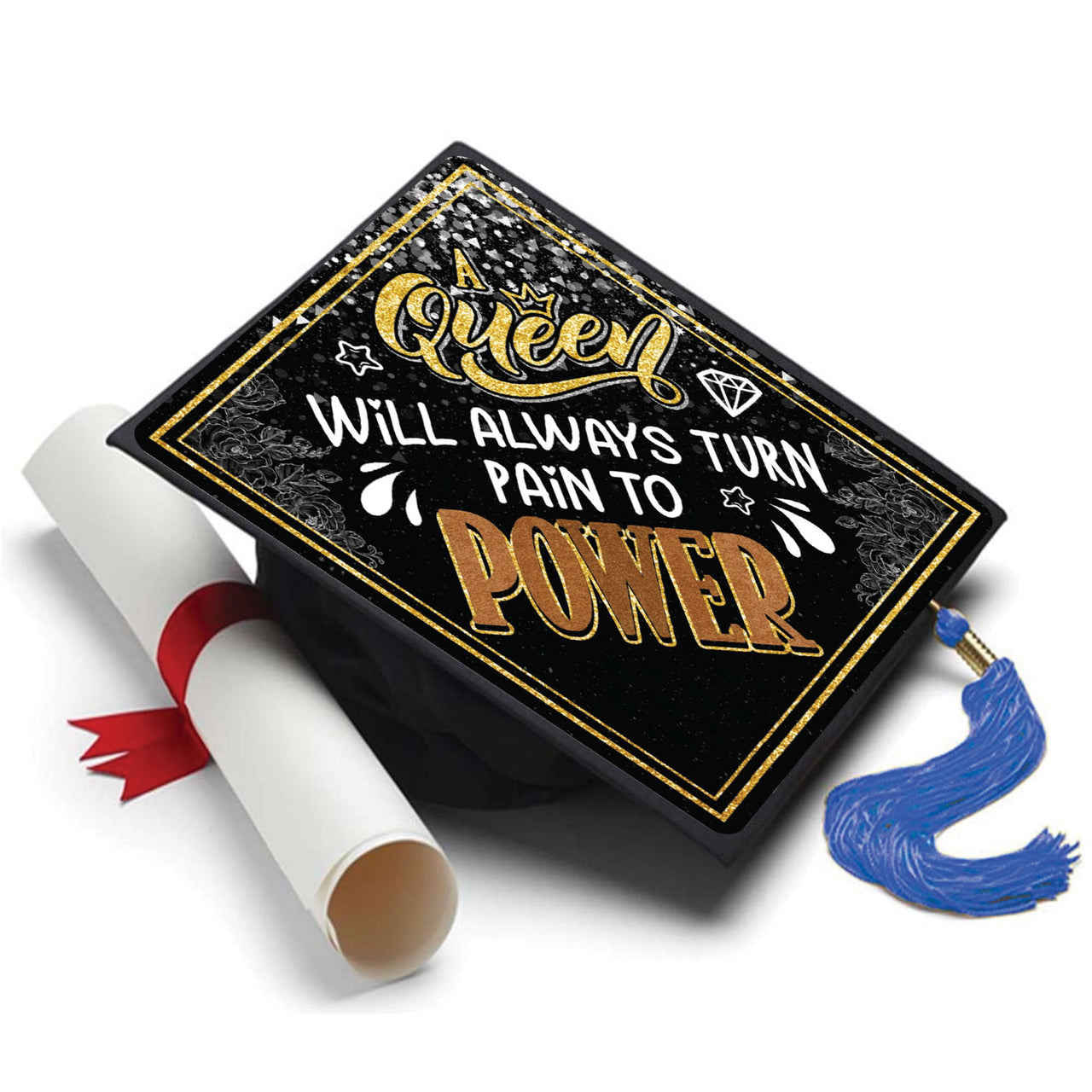 Pain to Power Grad Cap Tassel Topper - Tassel Toppers - Professionally Decorated Grad Caps