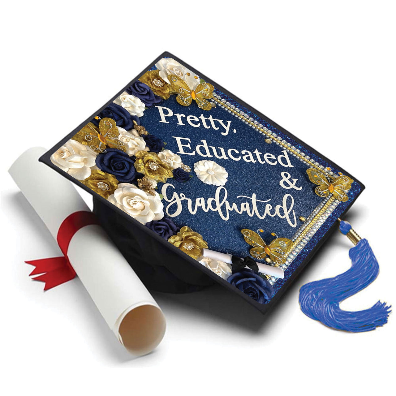 Pretty Educated and Graduated Grad Cap Topper - Tassel Toppers - Professionally Decorated Grad Caps