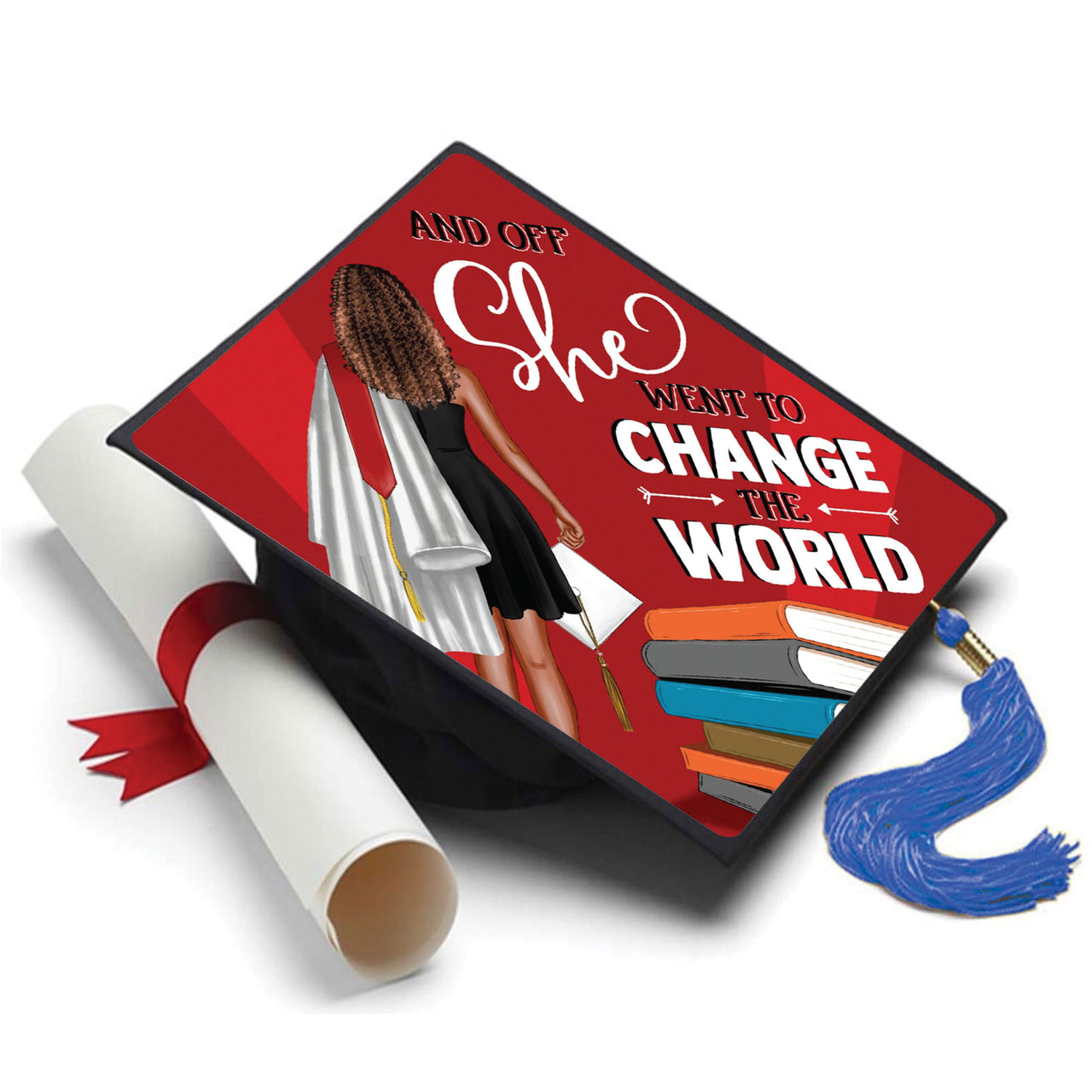 She Went to Change the World Grad Cap Tassel Topper - Tassel Toppers - Professionally Decorated Grad Caps