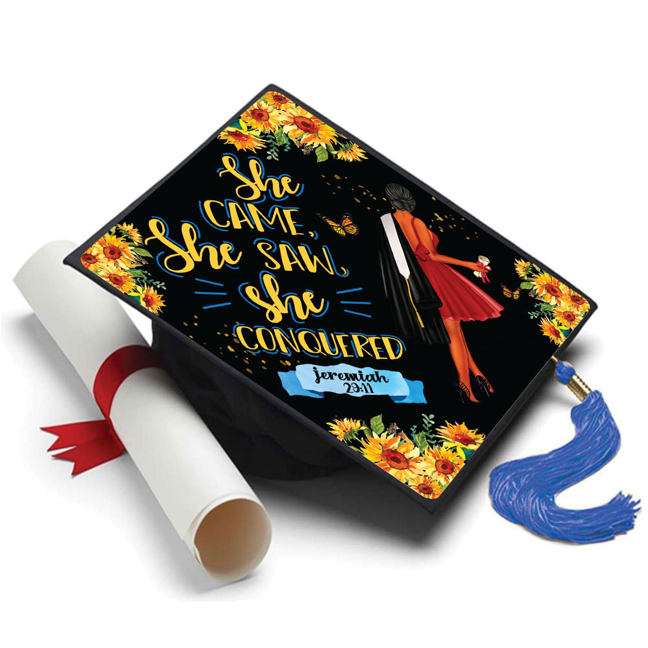 She Came She Saw She Conquered Grad Cap Topper - Tassel Toppers - Professionally Decorated Grad Caps