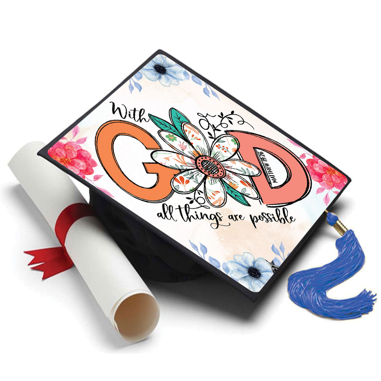 Floral Printed With God All Things are Possible Grad Cap Topper - Tassel Toppers - Professionally Decorated Grad Caps