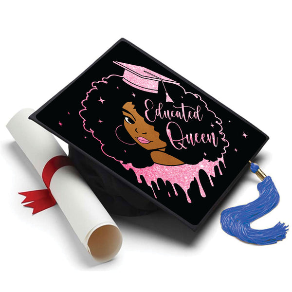Educated Black Queen Grad Cap Topper - Tassel Toppers - Professionally Decorated Grad Caps