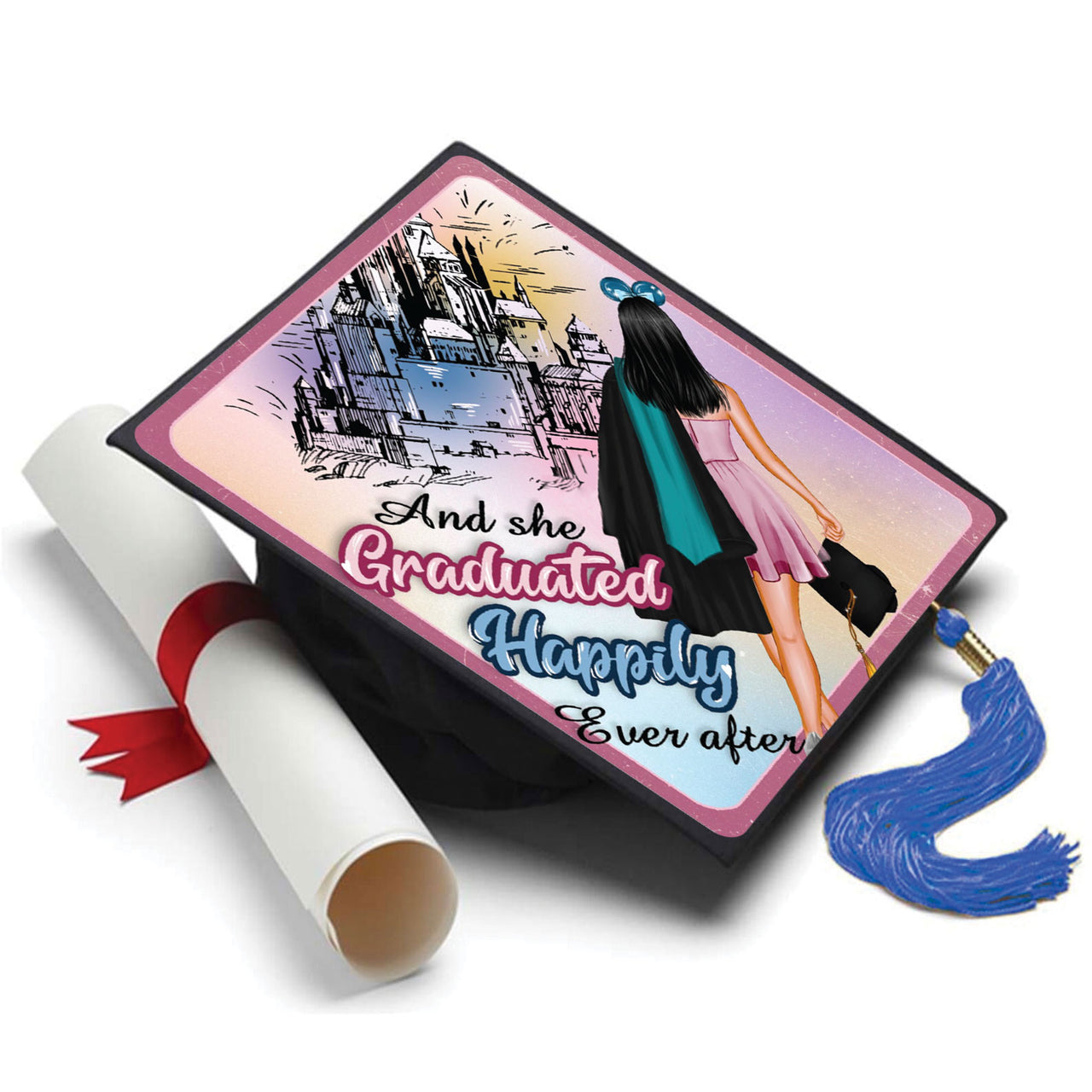 She Graduated Happily Ever Grad Cap Topper - Tassel Toppers - Professionally Decorated Grad Caps