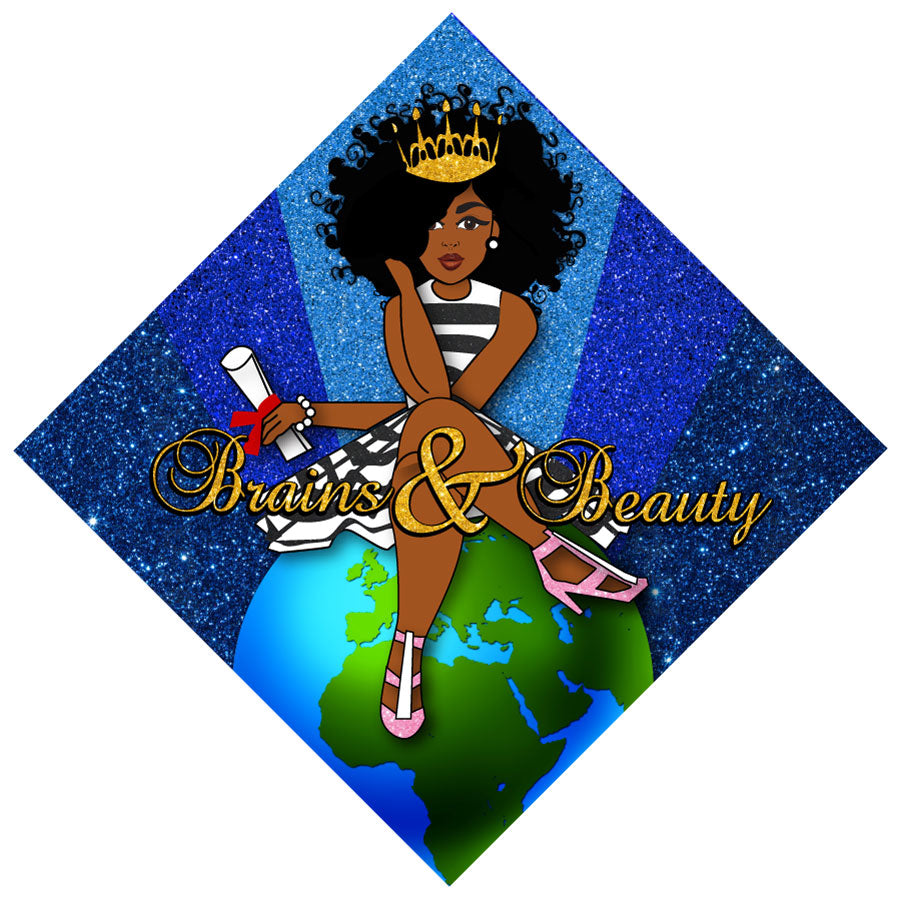 Graduation Cap Topper ™  - Black Queen - Brains and Beauty - Tassel Topper - Tassel Toppers - Professionally Decorated Grad Caps