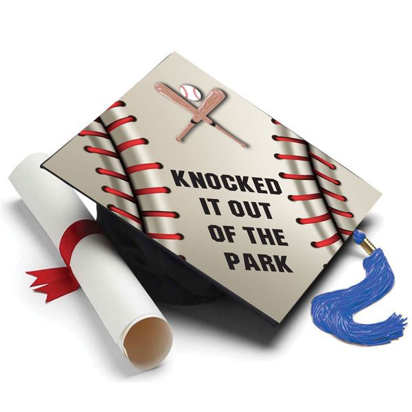 Knocked it Out of the Park Baseball Themed Grad Cap Topper - Tassel Toppers - Professionally Decorated Grad Caps