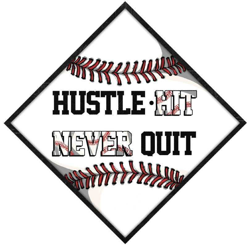 Baseball Theme Grad Cap Topper, Hustle Hit Never Quit - Tassel Toppers - Professionally Decorated Grad Caps