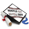 Baseball Theme Grad Cap Topper, Hustle Hit Never Quit - Tassel Toppers - Professionally Decorated Grad Caps
