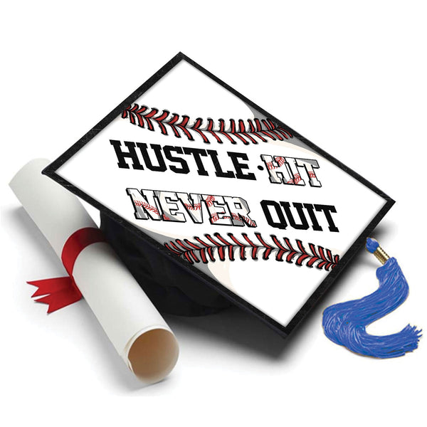 Baseball Theme Grad Cap Topper, Hustle Hit Never Quit - Tassel Toppers - Professionally Decorated Grad Caps