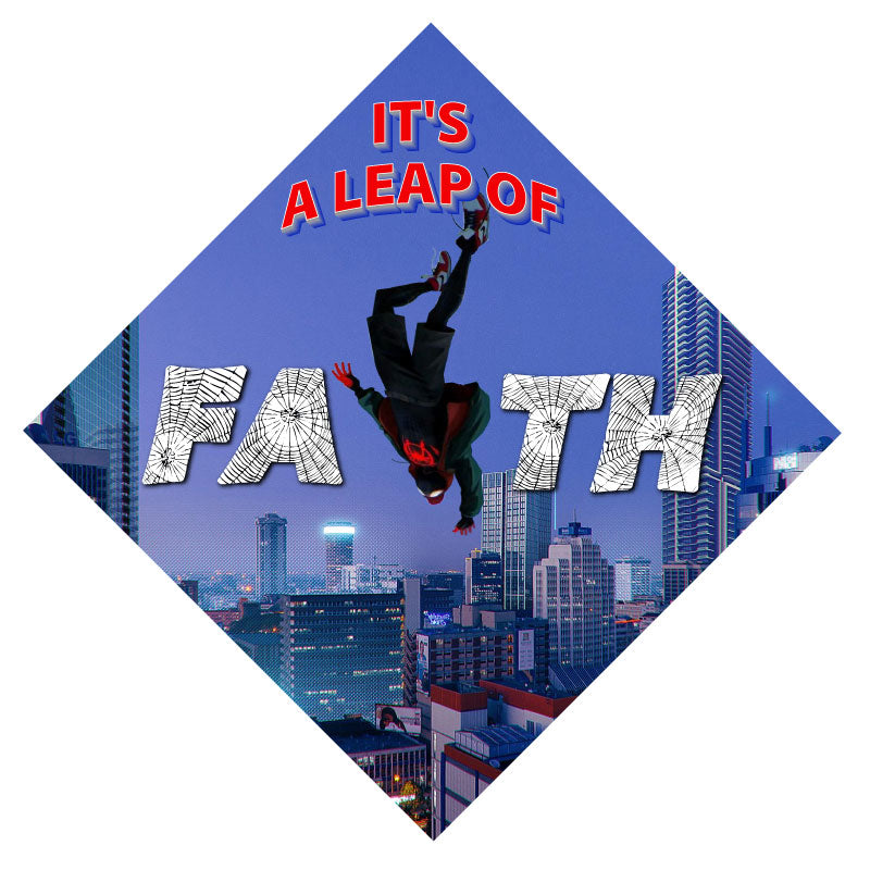 Spiderman Leap of Faith Grad Cap Topper, Grad Hat Design - Tassel Toppers - Professionally Decorated Grad Caps
