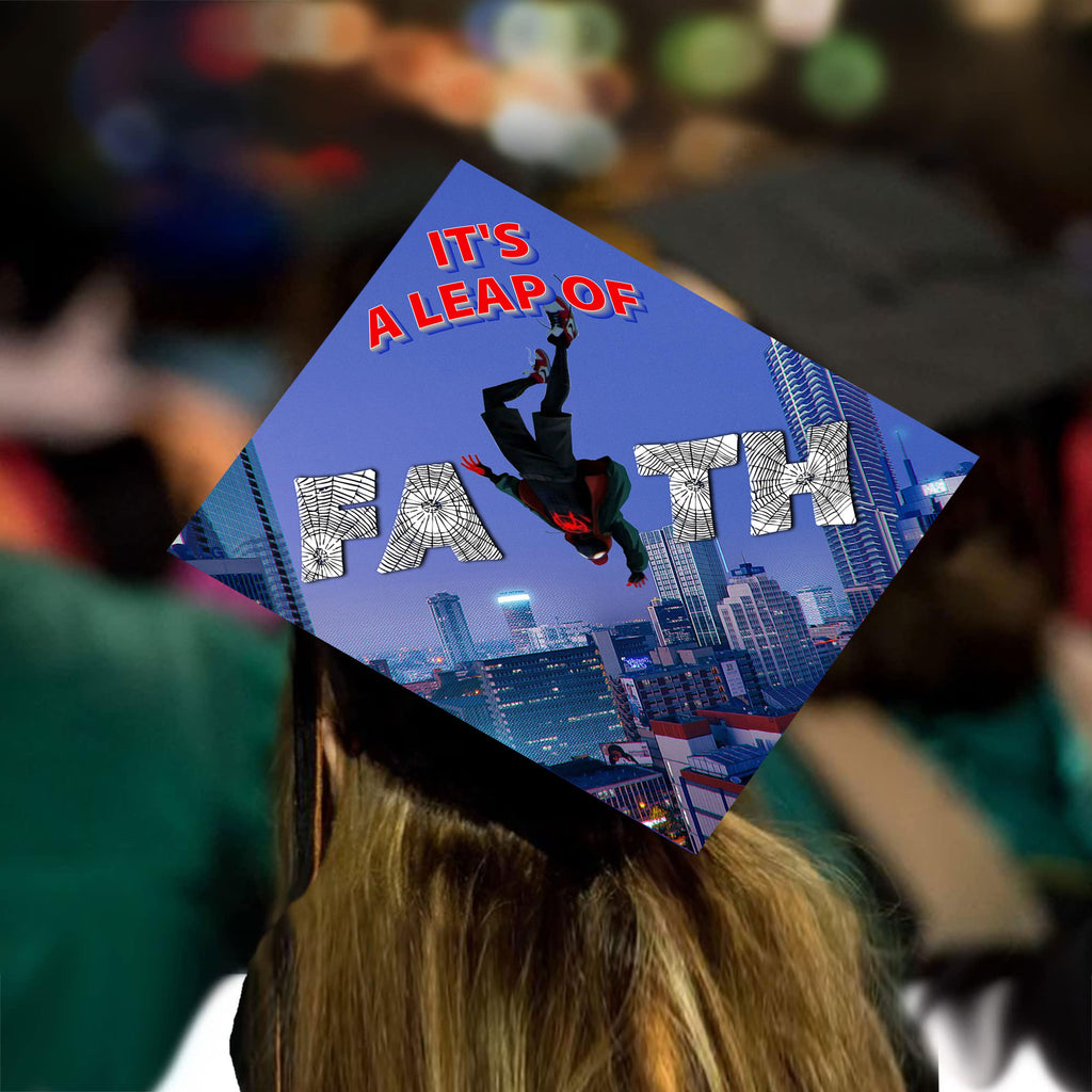 Spiderman Leap of Faith Grad Cap Topper, Grad Hat Design - Tassel Toppers - Professionally Decorated Grad Caps