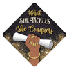 What She Tackles - Black Queen - Grad Cap Tassel Topper - Tassel Toppers - Professionally Decorated Grad Caps