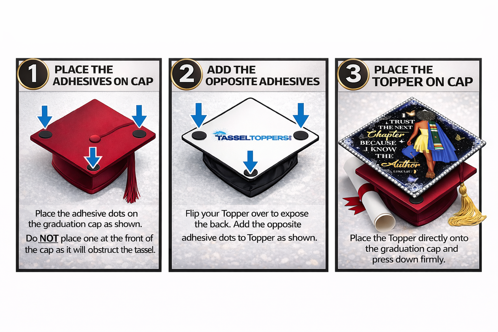 The image is a step-by-step guide with three images showing the process of placing a Topper on a graduation cap.