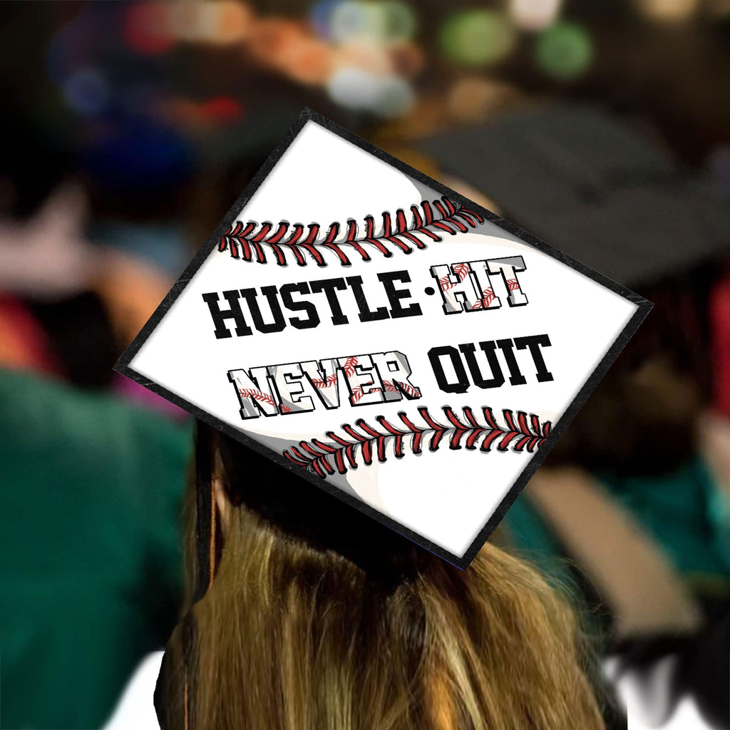 Baseball Theme Grad Cap Topper, Hustle Hit Never Quit, Class of 2026, Graduation Gifts - Tassel Toppers - Professionally Decorated Grad Caps