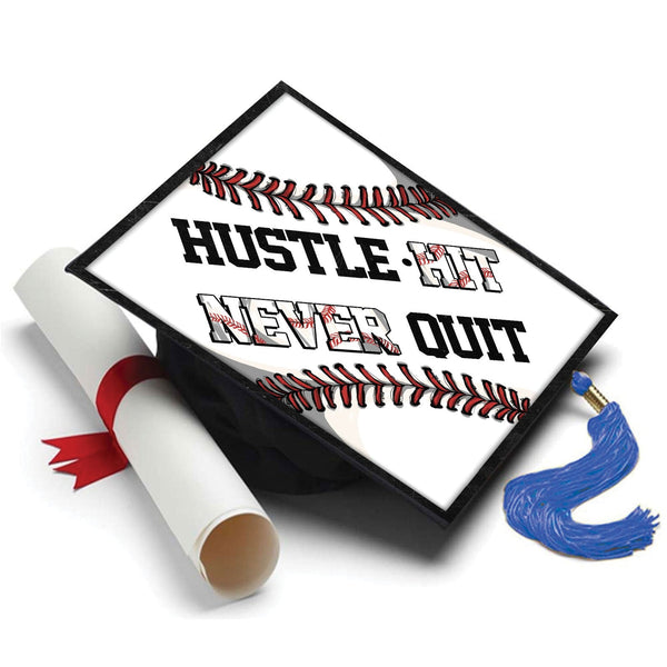 Baseball Theme Grad Cap Topper, Hustle Hit Never Quit, Class of 2026, Graduation Gifts - Tassel Toppers - Professionally Decorated Grad Caps