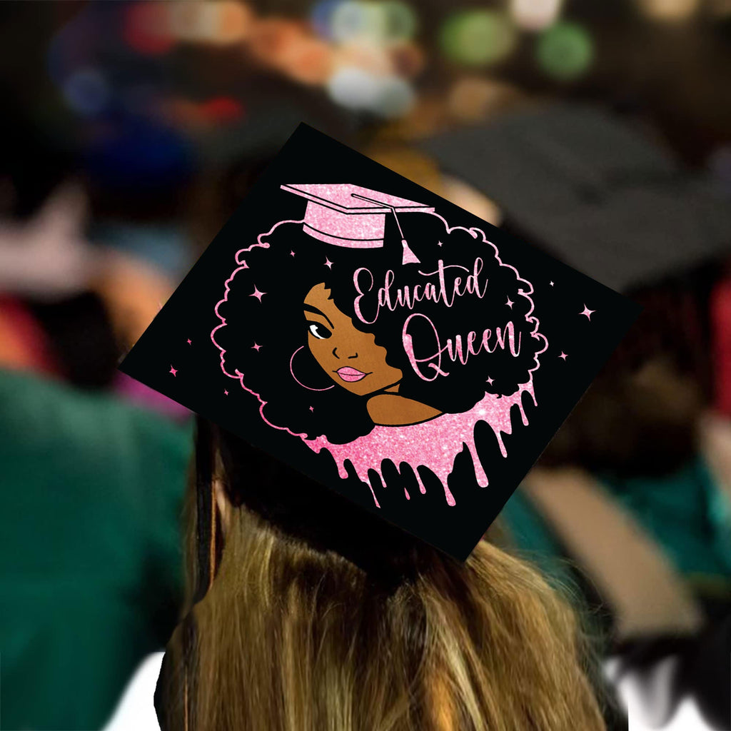 Educated Black Queen Grad Cap Topper, Class of 2026, Graduation Gifts - Tassel Toppers - Professionally Decorated Grad Caps