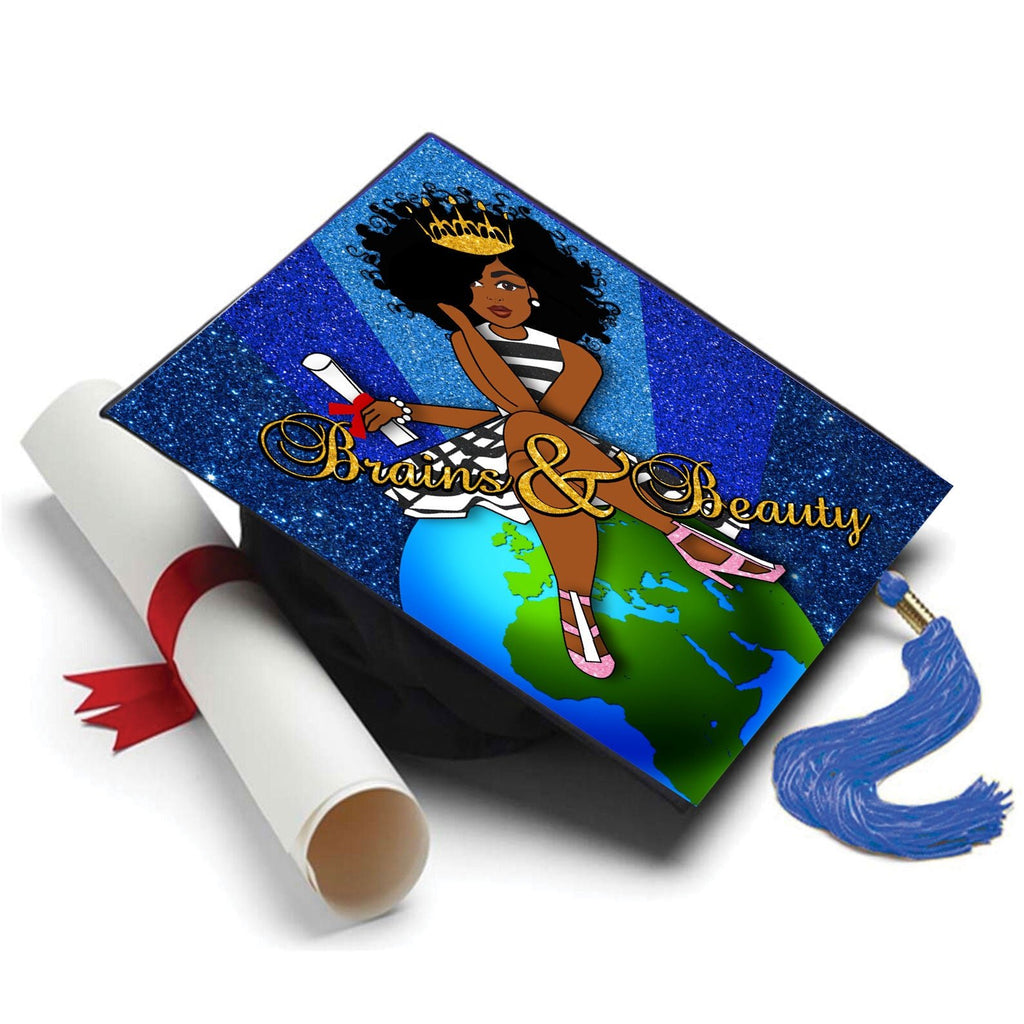 Graduation Cap Topper ™ - Black Queen - Brains and Beauty - Tassel Topper, Class of 2026, Graduation Gifts - Tassel Toppers - Professionally Decorated Grad Caps
