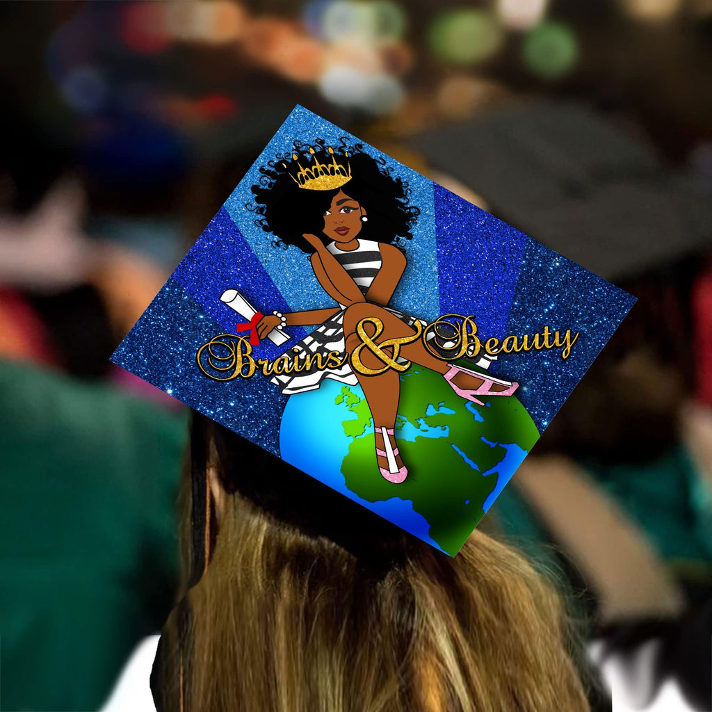 Graduation Cap Topper ™ - Black Queen - Brains and Beauty - Tassel Topper, Class of 2026, Graduation Gifts - Tassel Toppers - Professionally Decorated Grad Caps