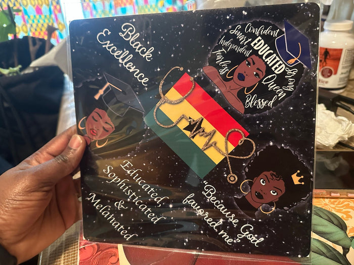 Hand holding Black Excellence Juneteenth topper