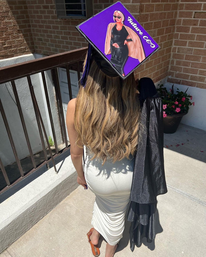 Woman wearing Future CEO photo cap on balcony, back view