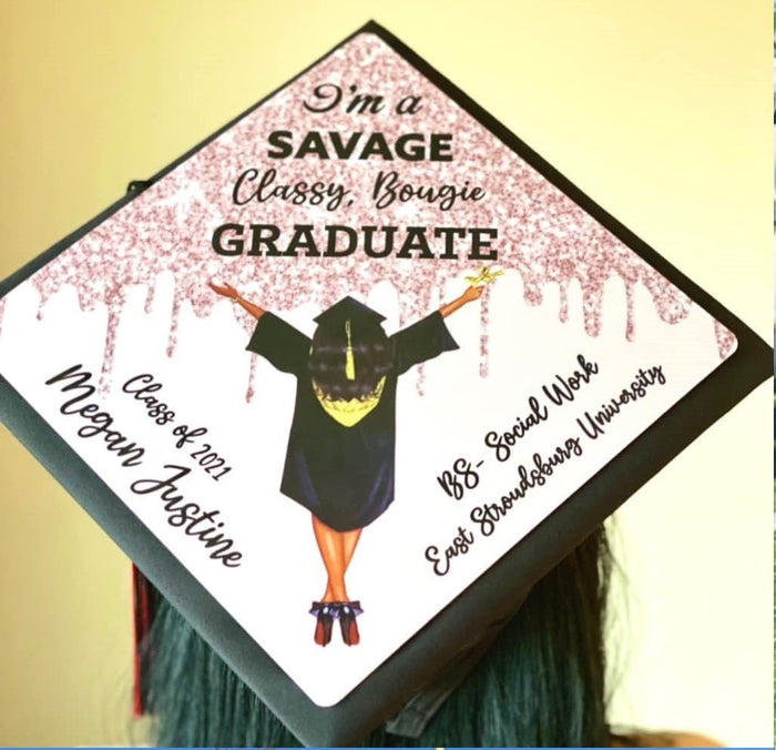 Graduate wearing Megan Justine Savage Classy Bougie cap