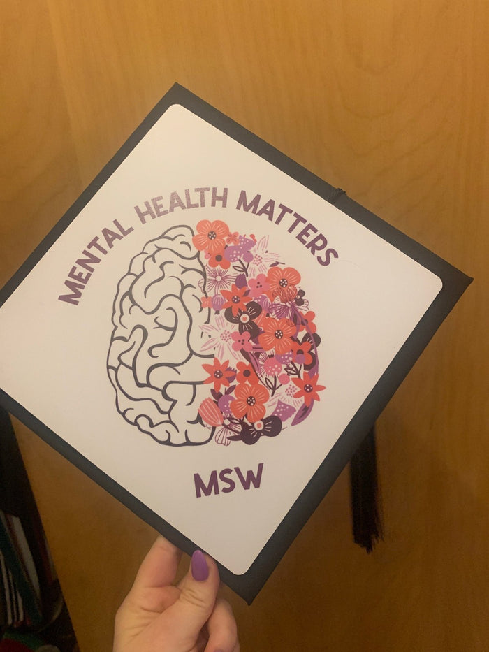 Hand holding Mental Health Matters MSW brain topper