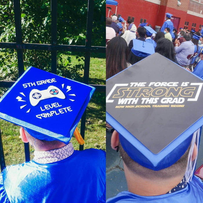 Two-panel pair of graduates wearing Level Complete and Force Is Strong caps
