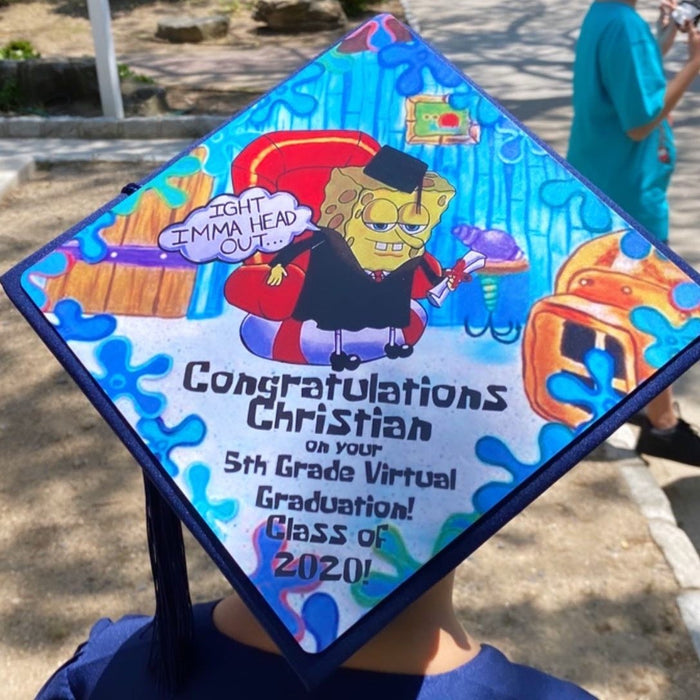 Child wearing SpongeBob Congratulations Christian 5th grade cap