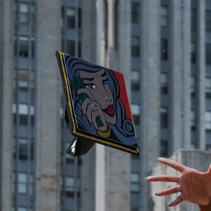 Hand tossing pop-art money woman cap in city