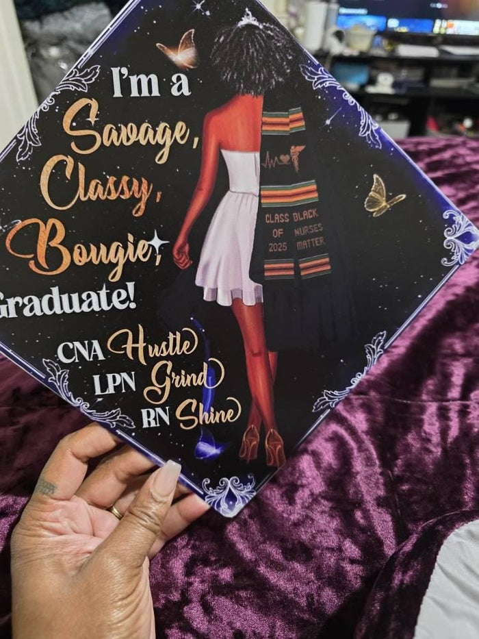 Hand holding Savage Classy Bougie CNA LPN RN topper