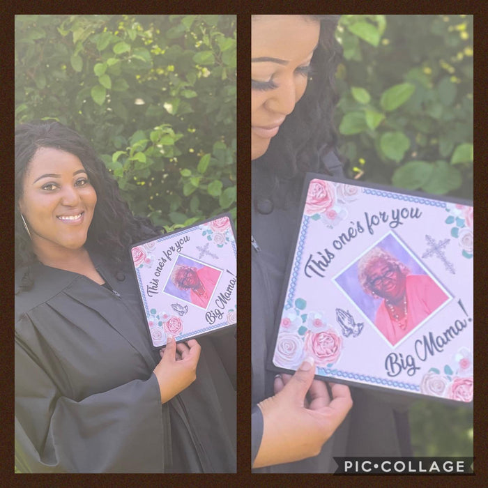 Graduate holding This Ones For You Big Mama memorial topper, diptych
