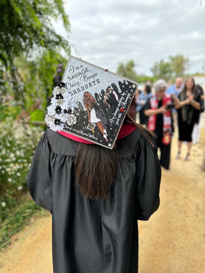 Graduate wearing Savage Classy Bougie photo cap