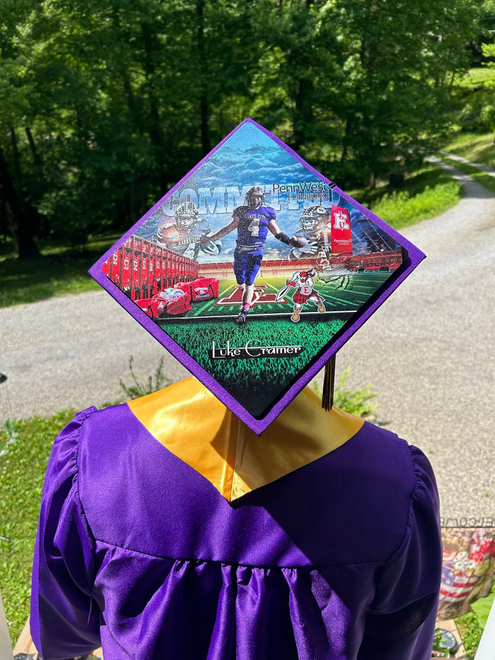 Graduate wearing photo collage football cap