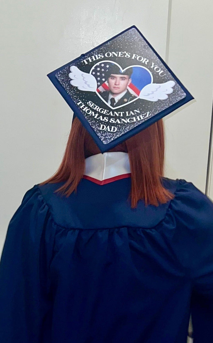 Graduate wearing memorial Sergeant Sanchez cap