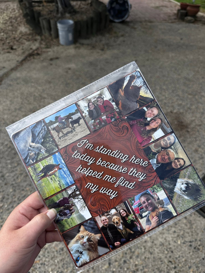 Hand holding photo collage Helped Me Find My Way topper