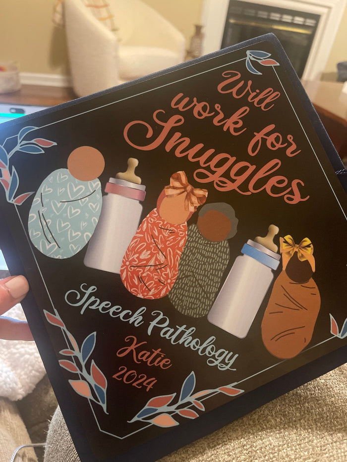 Hand holding Will Work For Snuggles speech pathology topper