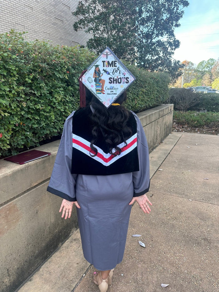 Graduate wearing Time For Shots Candice LPN cap