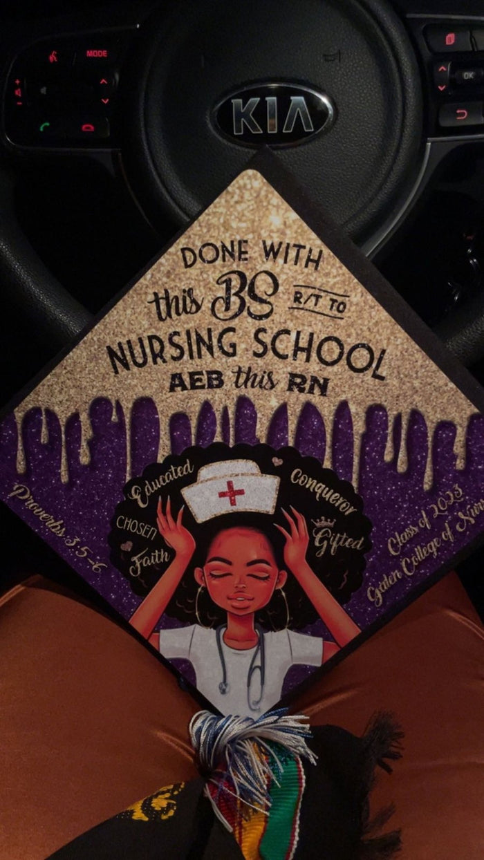 Done With This BS Nursing School topper on lap in car