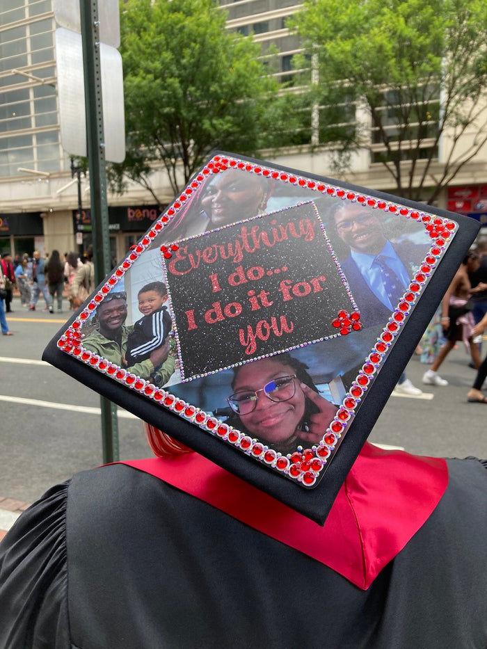 Graduate wearing Everything I Do photo cap