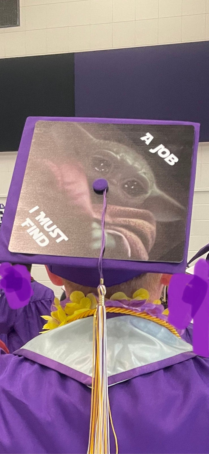 Child wearing Baby Yoda I Must Find A Job cap