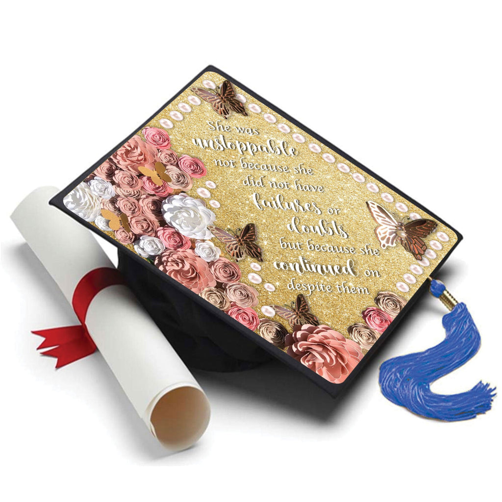 She was Unstoppable Grad Cap Topper, Class of 2026, Graduation Gifts - Tassel Toppers - Professionally Decorated Grad Caps