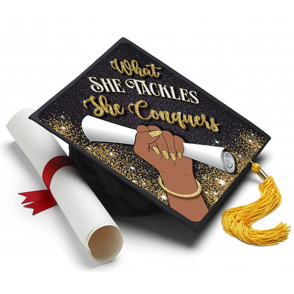 What She Tackles - Black Queen - Grad Cap Tassel Topper, Class of 2026, Graduation Gifts - Tassel Toppers - Professionally Decorated Grad Caps