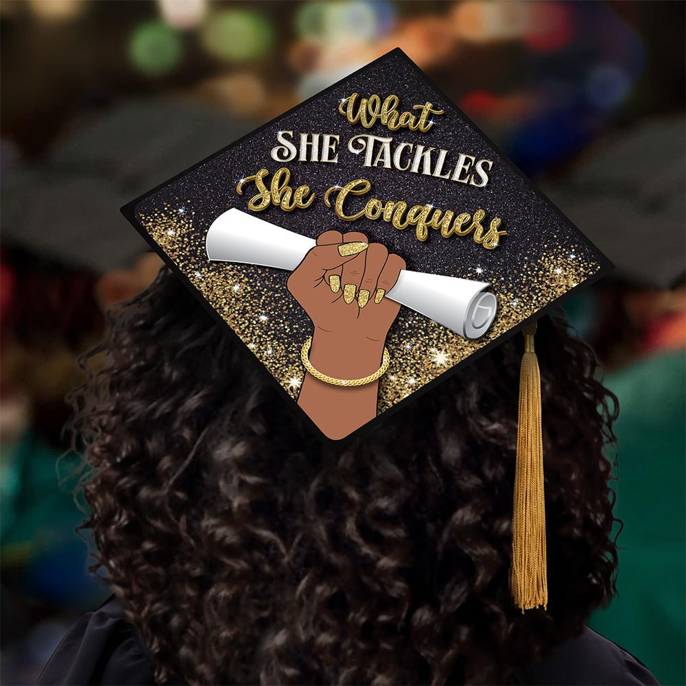 What She Tackles - Black Queen - Grad Cap Tassel Topper, Class of 2026, Graduation Gifts - Tassel Toppers - Professionally Decorated Grad Caps