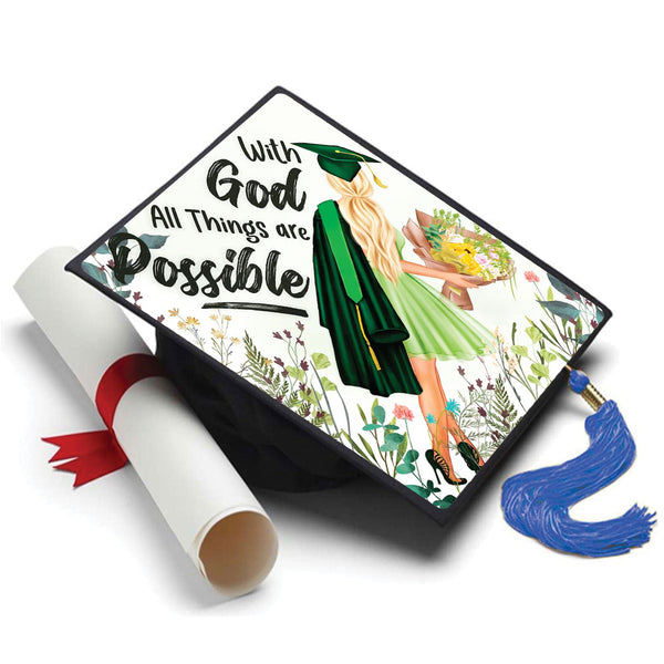 With God All Things are Possible Grad Cap Topper, Class of 2026, Graduation Gifts - Tassel Toppers - Professionally Decorated Grad Caps