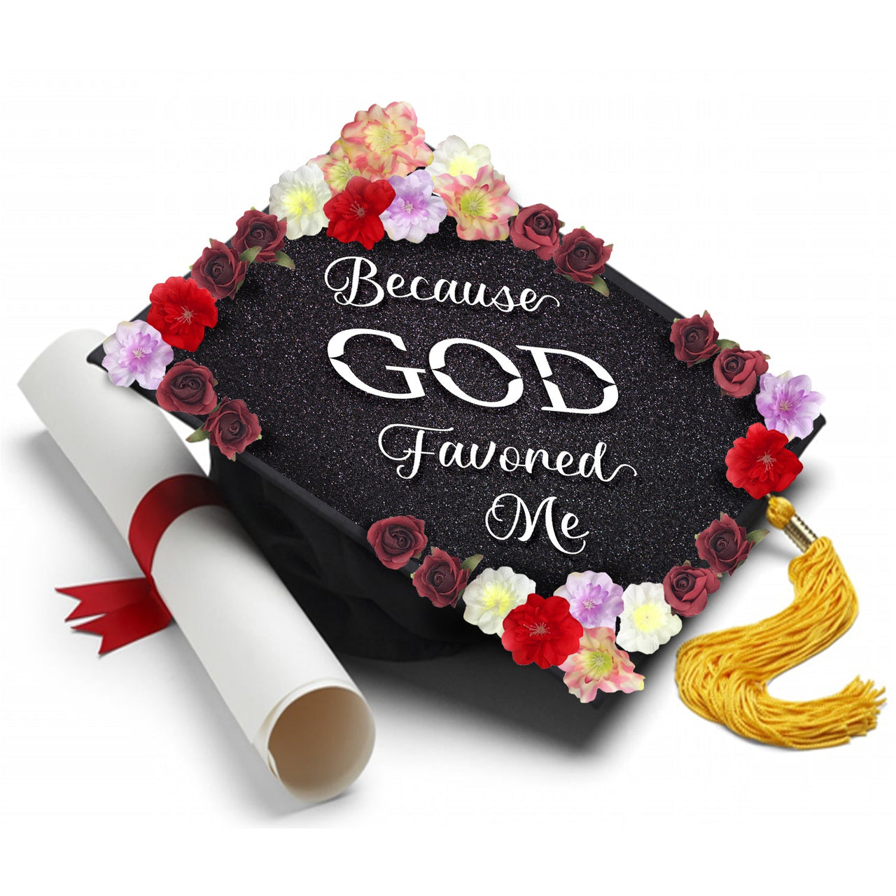 Because God Favored Me with Flowers - Handmade Graduation Cap Tassel Topper - Tassel Toppers - Professionally Decorated Grad Caps