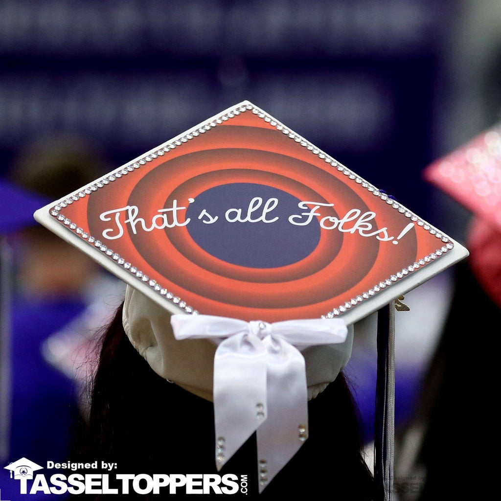 Thats All Folks Grad Cap Tassel Topper, Class of 2026, Graduation Gifts - Tassel Toppers - Professionally Decorated Grad Caps