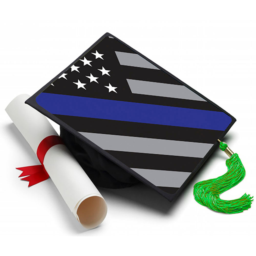 Thin Blue Line Flag Grad Cap Tassel Topper - Tassel Toppers - Professionally Decorated Grad Caps