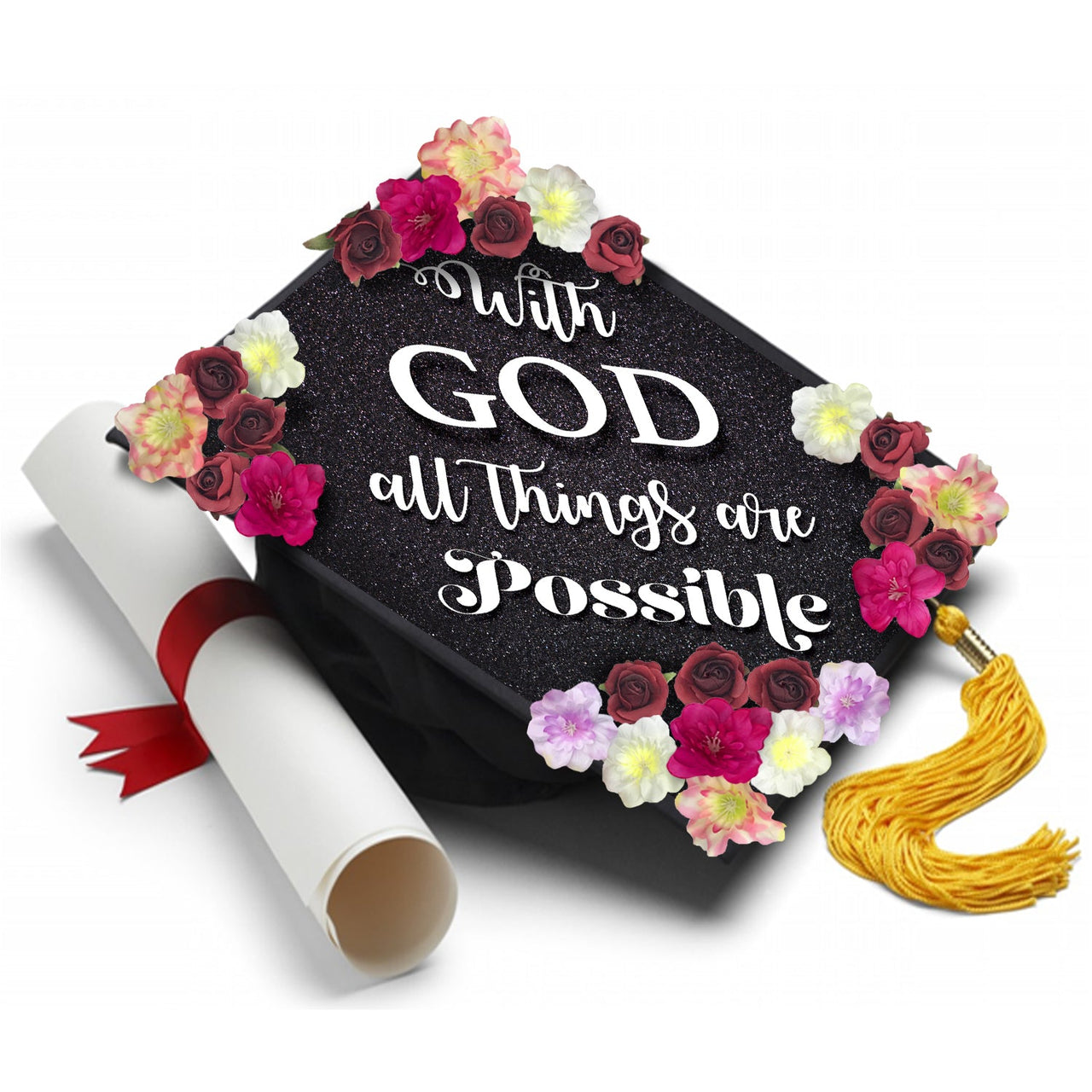 With God All Things are Possible  - Handmade Graduation Cap Tassel Topper - Tassel Toppers - Professionally Decorated Grad Caps